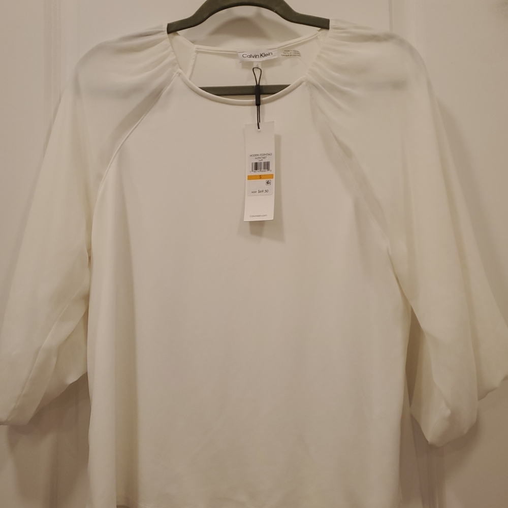 Calvin Klein Women's Loose Fitted Matte Jersey Mixed Media Lantern Sleeve Blouse